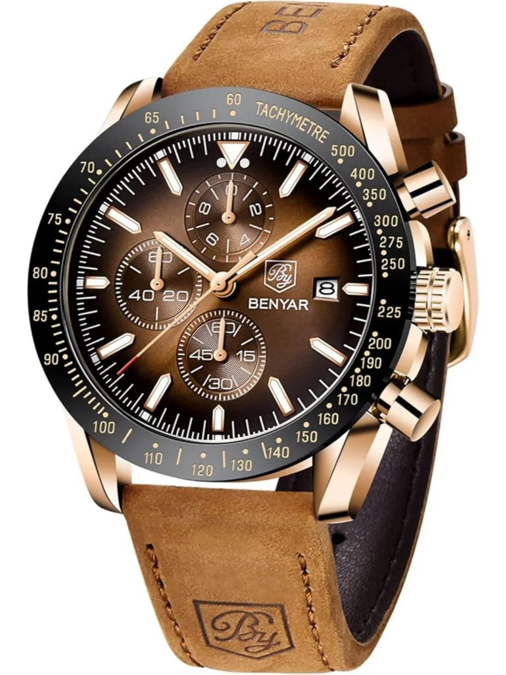 Mens Brown Gold Analog Silicone Strap Chronograph Luminous Designer Casual Watch